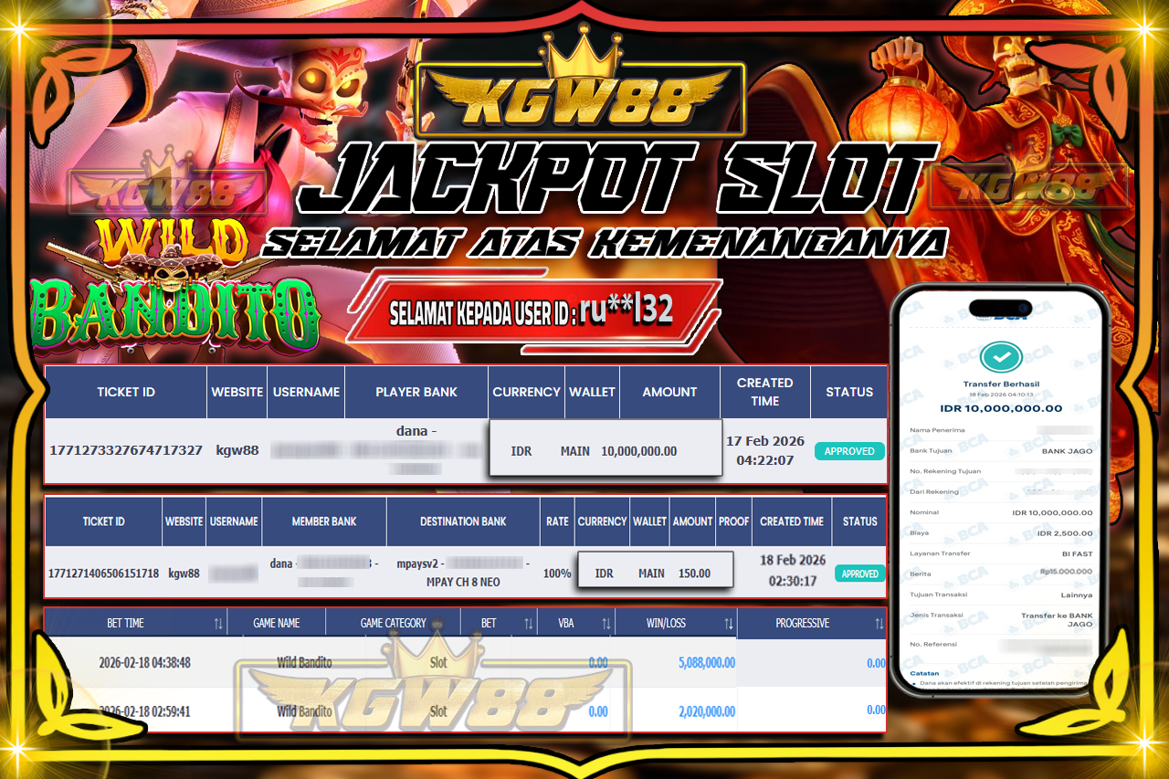 KGW88 JACKPOT WILD BANDITO Rp 10.000.000,- LUNAS
